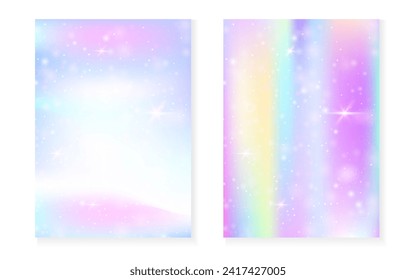 Unicorn background with kawaii magic gradient. Princess rainbow hologram. Holographic fairy set. Colorful fantasy cover. Unicorn background with sparkles and stars for cute girl party invitation.