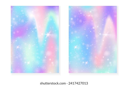 Unicorn background with kawaii magic gradient. Princess rainbow hologram. Holographic fairy set. Colorful fantasy cover. Unicorn background with sparkles and stars for cute girl party invitation.