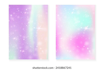 Unicorn background with kawaii magic gradient. Princess rainbow hologram. Holographic fairy set. Multicolor fantasy cover. Unicorn background with sparkles and stars for cute girl party invitation.