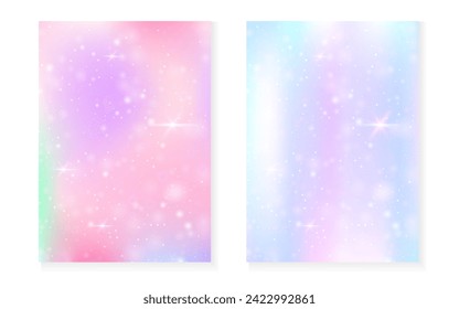 Unicorn background with kawaii magic gradient. Princess rainbow hologram. Holographic fairy set. Vibrant fantasy cover. Unicorn background with sparkles and stars for cute girl party invitation.