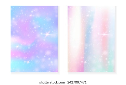 Unicorn background with kawaii magic gradient. Princess rainbow hologram. Holographic fairy set. Stylish fantasy cover. Unicorn background with sparkles and stars for cute girl party invitation.