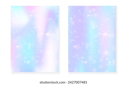 Fondo de unicornio con gradiente mágico kawaii. Holograma arcoiris de la princesa. Juego de hadas holográficas. Vibrante portada de fantasía. Fondo de unicornio con destellos y estrellas para la invitación de fiesta de la muchacha linda.