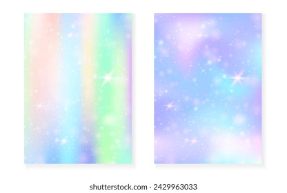 Unicorn background with kawaii magic gradient. Princess rainbow hologram. Holographic fairy set. Multicolor fantasy cover. Unicorn background with sparkles and stars for cute girl party invitation.