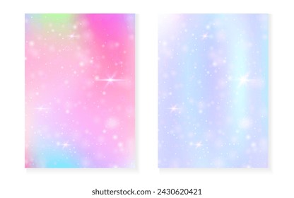 Unicorn background with kawaii magic gradient. Princess rainbow hologram. Holographic fairy set. Bright fantasy cover. Unicorn background with sparkles and stars for cute girl party invitation.