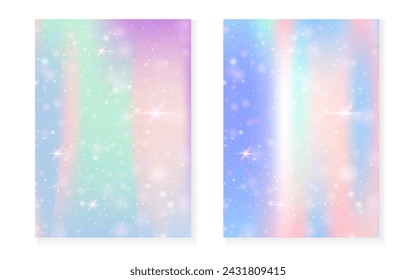 Unicorn background with kawaii magic gradient. Princess rainbow hologram. Holographic fairy set. Creative fantasy cover. Unicorn background with sparkles and stars for cute girl party invitation.