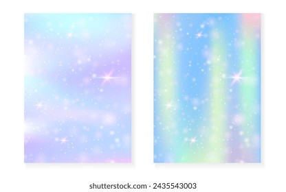 Fondo de unicornio con gradiente mágico kawaii. Holograma arcoiris de la princesa. Juego de hadas holográficas. Cubierta de fantasía Spectrum. Fondo de unicornio con destellos y estrellas para la invitación de fiesta de la muchacha linda.