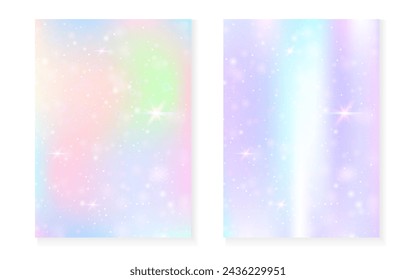 Einhorn Hintergrund mit kawaii magischen Gradienten. Prinzessin Regenbogen Hologramm. Holografisches Feenset. Trendiges Fantasy Cover. Einhorn Hintergrund mit Funkeln und Sternen für süße Mädchen Party Einladung.