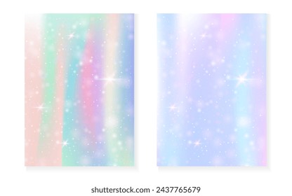 Unicorn background with kawaii magic gradient. Princess rainbow hologram. Holographic fairy set. Creative fantasy cover. Unicorn background with sparkles and stars for cute girl party invitation.