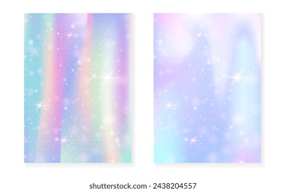 Unicorn background with kawaii magic gradient. Princess rainbow hologram. Holographic fairy set. Mystical fantasy cover. Unicorn background with sparkles and stars for cute girl party invitation.