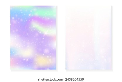Unicorn background with kawaii magic gradient. Princess rainbow hologram. Holographic fairy set. Colorful fantasy cover. Unicorn background with sparkles and stars for cute girl party invitation.