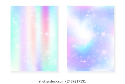 Unicorn background with kawaii magic gradient. Princess rainbow hologram. Holographic fairy set. Multicolor fantasy cover. Unicorn background with sparkles and stars for cute girl party invitation.