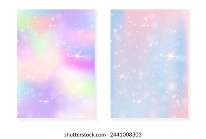 Fondo de unicornio con gradiente mágico kawaii. Holograma arcoiris de la princesa. Juego de hadas holográficas. Cubierta de fantasía brillante. Fondo de unicornio con destellos y estrellas para la invitación de fiesta de la muchacha linda.