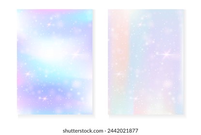 Unicorn background with kawaii magic gradient. Princess rainbow hologram. Holographic fairy set. Creative fantasy cover. Unicorn background with sparkles and stars for cute girl party invitation.