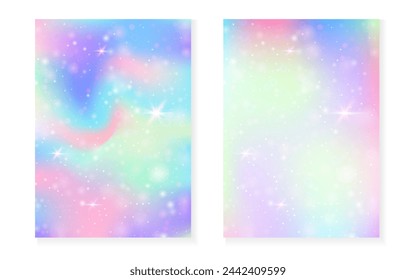 Unicorn background with kawaii magic gradient. Princess rainbow hologram. Holographic fairy set. Fluorescent fantasy cover. Unicorn background with sparkles and stars for cute girl party invitation.