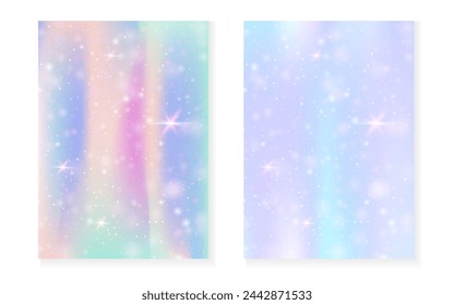 Unicorn background with kawaii magic gradient. Princess rainbow hologram. Holographic fairy set. Multicolor fantasy cover. Unicorn background with sparkles and stars for cute girl party invitation.