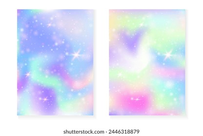 Unicorn background with kawaii magic gradient. Princess rainbow hologram. Holographic fairy set. Colorful fantasy cover. Unicorn background with sparkles and stars for cute girl party invitation.