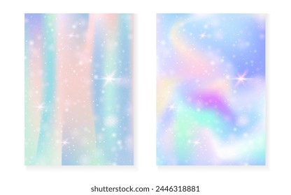 Fondo de unicornio con gradiente mágico kawaii. Holograma arcoiris de la princesa. Juego de hadas holográficas. Cubierta de fantasía colorida. Fondo de unicornio con destellos y estrellas para la invitación de fiesta de la muchacha linda.