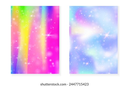 Unicorn background with kawaii magic gradient. Princess rainbow hologram. Holographic fairy set. Colorful fantasy cover. Unicorn background with sparkles and stars for cute girl party invitation.