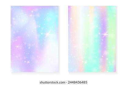 Fondo de unicornio con gradiente mágico kawaii. Holograma arcoiris de la princesa. Juego de hadas holográficas. Cubierta de fantasía creativa. Fondo de unicornio con destellos y estrellas para la invitación de fiesta de la muchacha linda.