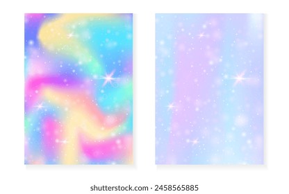 Unicorn background with kawaii magic gradient. Princess rainbow hologram. Holographic fairy set. Bright fantasy cover. Unicorn background with sparkles and stars for cute girl party invitation.