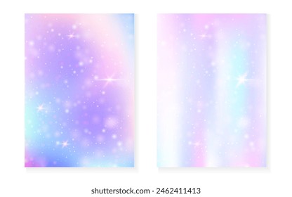Fondo de unicornio con gradiente mágico kawaii. Holograma arcoiris de la princesa. Juego de hadas holográficas. Cubierta de fantasía colorida. Fondo de unicornio con destellos y estrellas para la invitación de fiesta de la muchacha linda.