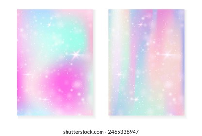Fondo de unicornio con gradiente mágico kawaii. Holograma arcoiris de la princesa. Juego de hadas holográficas. Cubierta de fantasía multicolor. Fondo de unicornio con destellos y estrellas para la invitación de fiesta de la muchacha linda.