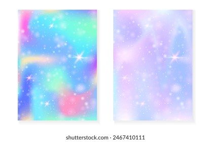 Unicorn background with kawaii magic gradient. Princess rainbow hologram. Holographic fairy set. Mystical fantasy cover. Unicorn background with sparkles and stars for cute girl party invitation.