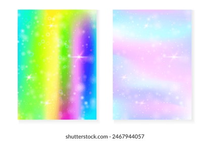Unicorn background with kawaii magic gradient. Princess rainbow hologram. Holographic fairy set. Bright fantasy cover. Unicorn background with sparkles and stars for cute girl party invitation.