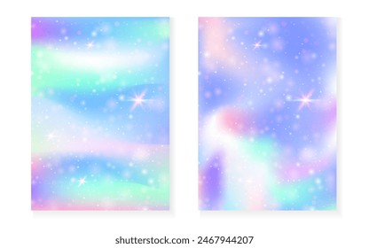 Unicorn background with kawaii magic gradient. Princess rainbow hologram. Holographic fairy set. Mystical fantasy cover. Unicorn background with sparkles and stars for cute girl party invitation.