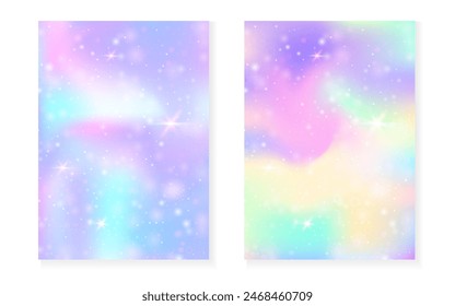 Einhorn Hintergrund mit kawaii magischen Gradienten. Prinzessin Regenbogen Hologramm. Holografisches Feenset. Fluoreszierende Fantasieabdeckung. Einhorn Hintergrund mit Funkeln und Sternen für süße Mädchen Party Einladung.