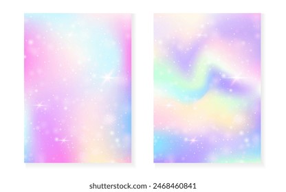 Unicorn background with kawaii magic gradient. Princess rainbow hologram. Holographic fairy set. Vibrant fantasy cover. Unicorn background with sparkles and stars for cute girl party invitation.