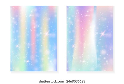 Fondo de unicornio con gradiente mágico kawaii. Holograma arcoiris de la princesa. Juego de hadas holográficas. Cubierta de fantasía brillante. Fondo de unicornio con destellos y estrellas para la invitación de fiesta de la muchacha linda.