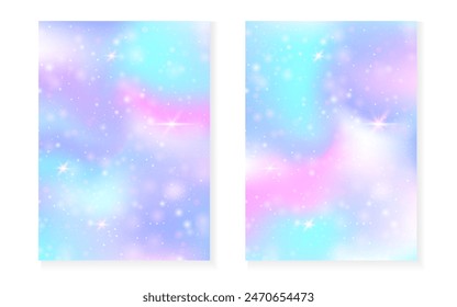 Unicorn background with kawaii magic gradient. Princess rainbow hologram. Holographic fairy set. Spectrum fantasy cover. Unicorn background with sparkles and stars for cute girl party invitation.