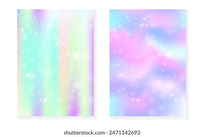 Fondo de unicornio con gradiente mágico kawaii. Holograma arcoiris de la princesa. Juego de hadas holográficas. Cubierta de fantasía de moda. Fondo de unicornio con destellos y estrellas para la invitación de fiesta de la muchacha linda.