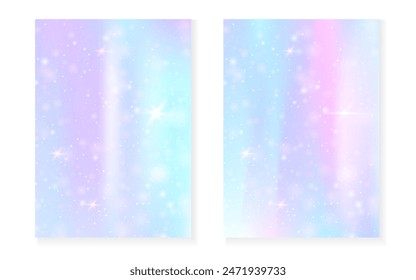 Unicorn background with kawaii magic gradient. Princess rainbow hologram. Holographic fairy set. Fluorescent fantasy cover. Unicorn background with sparkles and stars for cute girl party invitation.