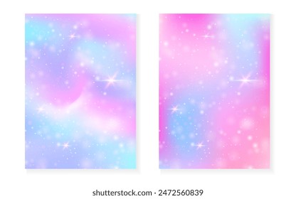 Unicorn background with kawaii magic gradient. Princess rainbow hologram. Holographic fairy set. Mystical fantasy cover. Unicorn background with sparkles and stars for cute girl party invitation.