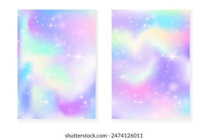 Unicorn background with kawaii magic gradient. Princess rainbow hologram. Holographic fairy set. Bright fantasy cover. Unicorn background with sparkles and stars for cute girl party invitation.