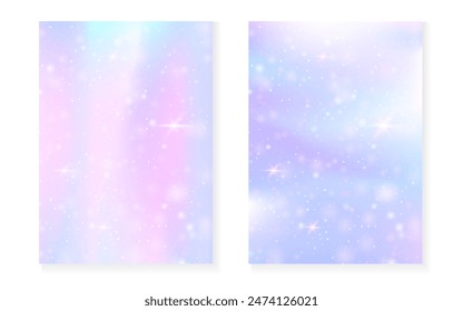 Fondo de unicornio con gradiente mágico kawaii. Holograma arcoiris de la princesa. Juego de hadas holográficas. Cubierta de fantasía colorida. Fondo de unicornio con destellos y estrellas para la invitación de fiesta de la muchacha linda.
