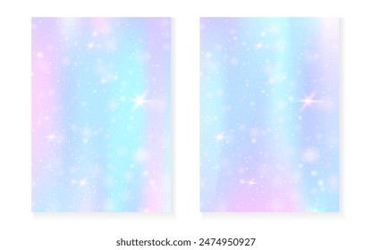 Unicorn background with kawaii magic gradient. Princess rainbow hologram. Holographic fairy set. Spectrum fantasy cover. Unicorn background with sparkles and stars for cute girl party invitation.