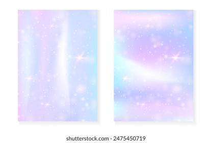 Unicorn background with kawaii magic gradient. Princess rainbow hologram. Holographic fairy set. Vibrant fantasy cover. Unicorn background with sparkles and stars for cute girl party invitation.