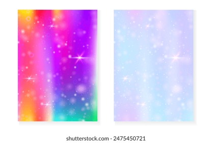 Unicorn background with kawaii magic gradient. Princess rainbow hologram. Holographic fairy set. Fluorescent fantasy cover. Unicorn background with sparkles and stars for cute girl party invitation.