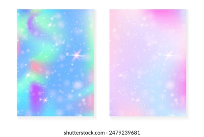 Fondo de unicornio con gradiente mágico kawaii. Holograma arcoiris de la princesa. Juego de hadas holográficas. Cubierta de fantasía fluorescente. Fondo de unicornio con destellos y estrellas para la invitación de fiesta de la muchacha linda.