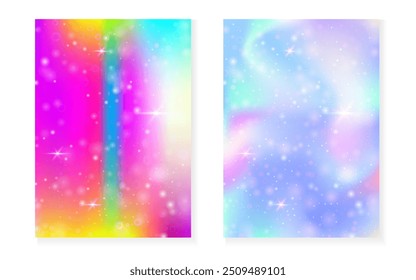 Unicorn background with kawaii magic gradient. Princess rainbow hologram. Holographic fairy set. Spectrum fantasy cover. Unicorn background with sparkles and stars for cute girl party invitation.