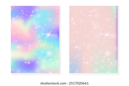 Fondo de unicornio con gradiente mágico kawaii. Holograma de la princesa arco iris. Conjunto de hadas holográficas. Funda de fantasía fluorescente. Fondo de unicornio con destellos y estrellas para invitación de fiesta de niña linda.