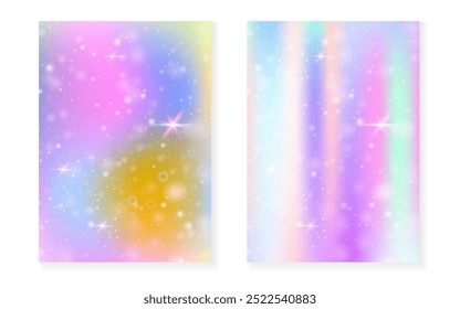 Unicorn background with kawaii magic gradient. Princess rainbow hologram. Holographic fairy set. Creative fantasy cover. Unicorn background with sparkles and stars for cute girl party invitation.