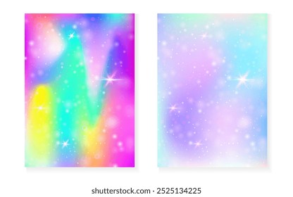 Einhorn-Hintergrund mit kawaiianischem magischem Farbverlauf. Prinzessin Regenbogen-Hologramm. Holografisches Märchen-Set. Helle Fantasie-Cover. Einhorn Hintergrund mit Funkeln und Sternen für süße Mädchen Party Einladung.