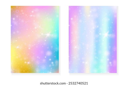 Unicorn background with kawaii magic gradient. Princess rainbow hologram. Holographic fairy set. Trendy fantasy cover. Unicorn background with sparkles and stars for cute girl party invitation.