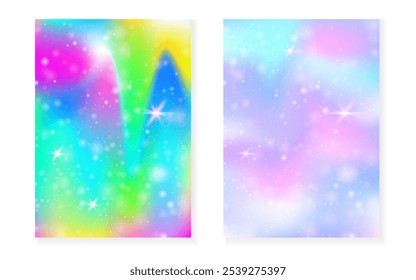 Einhorn-Hintergrund mit kawaiianischem magischem Farbverlauf. Prinzessin Regenbogen-Hologramm. Holografisches Märchen-Set. Spektrum Fantasy Cover. Einhorn Hintergrund mit Funkeln und Sternen für süße Mädchen Party Einladung.