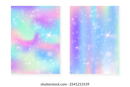 Fondo de unicornio con gradiente mágico kawaii. Holograma de la princesa arco iris. Conjunto de hadas holográficas. Portada de fantasía de moda. Fondo de unicornio con destellos y estrellas para invitación de fiesta de niña linda.