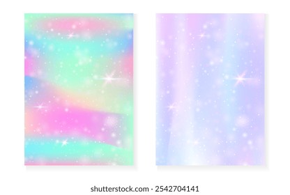 Unicorn background with kawaii magic gradient. Princess rainbow hologram. Holographic fairy set. Bright fantasy cover. Unicorn background with sparkles and stars for cute girl party invitation.